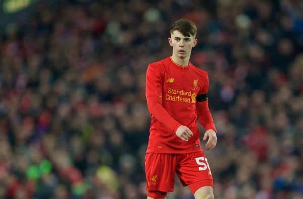 LIVERPOOL, ENGLAND - Tuesday, November 29, 2016: Liverpool's Ben Woodburn in action against Leeds United during the Football League Cup Quarter-Final match at Anfield. (Pic by David Rawcliffe/Propaganda)