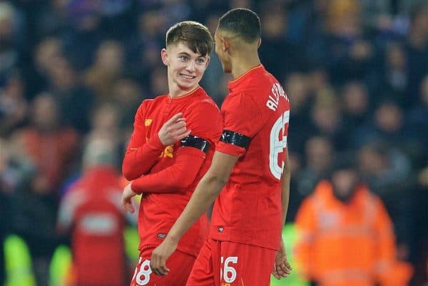 LIVERPOOL, ENGLAND - Tuesday, November 29, 2016: Liverpool's goal-scorer Ben Woodburn and Trent Alexander-Arnold after the 2-0 victory over Leeds United during the Football League Cup Quarter-Final match at Anfield. (Pic by David Rawcliffe/Propaganda)