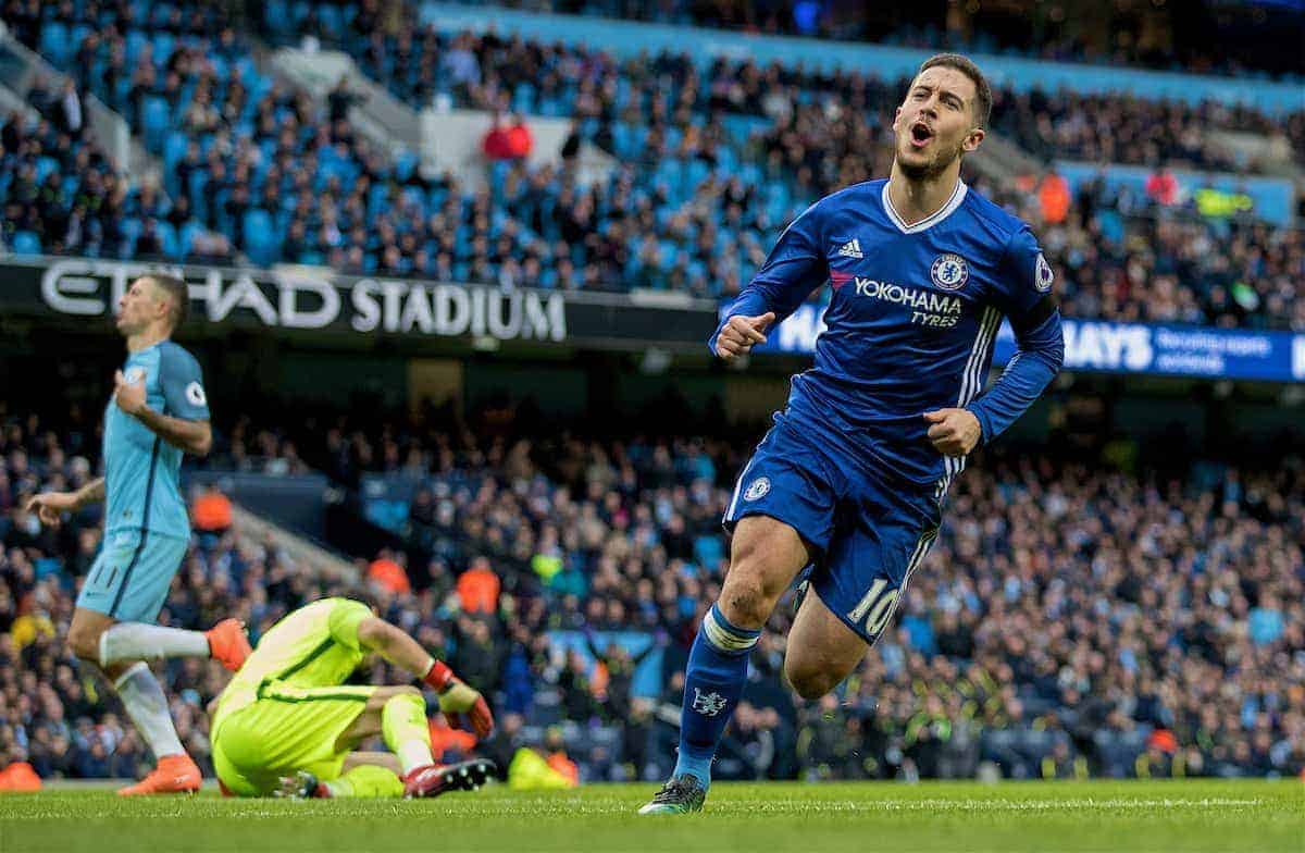 MANCHESTER, ENGLAND - Saturday, December 3, 2016: Chelsea's Eden Hazard celebrates scoring the third goal against Manchester City during the FA Premier League match at the City of Manchester Stadium. (Pic by Gavin Trafford/Propaganda)
