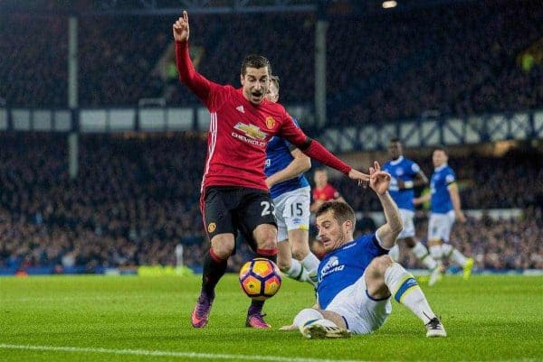 LIVERPOOL, ENGLAND - Sunday, December 4, 2016: Everton's Leighton Baines in action against Henrik Mkhitaryan of Manchester United during the FA Premier League match at Goodison Park. (Pic by Gavin Trafford/Propaganda)