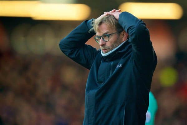 BOURNEMOUTH, ENGLAND - Sunday, December 4, 2016: Liverpool's manager Jürgen Klopp looks dejected during the FA Premier League match against AFC Bournemouth at Dean Court. (Pic by David Rawcliffe/Propaganda)