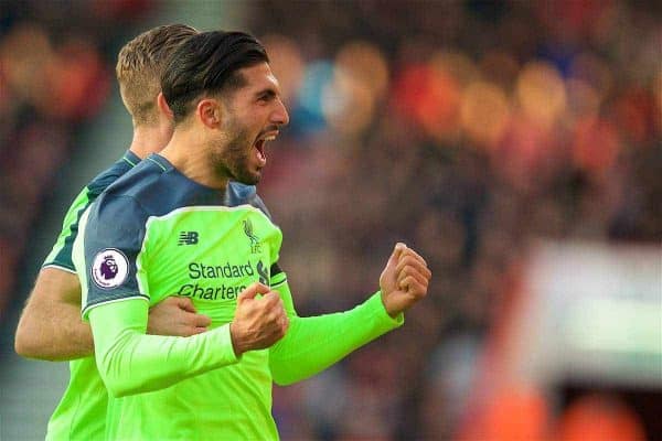 BOURNEMOUTH, ENGLAND - Sunday, December 4, 2016: Liverpool's Emre Can celebrates scoring the third goal against AFC Bournemouth during the FA Premier League match at Dean Court. (Pic by David Rawcliffe/Propaganda)