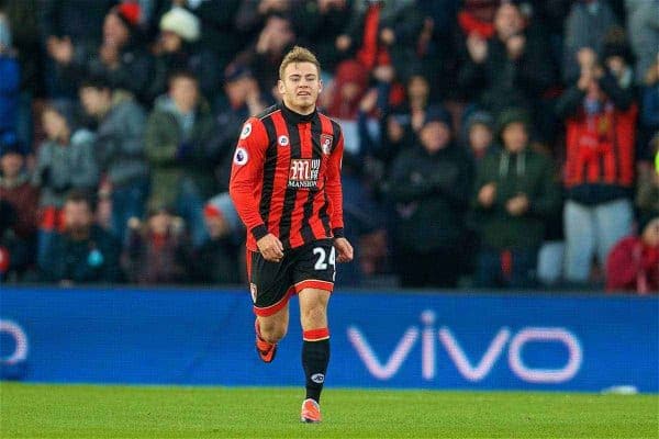 BOURNEMOUTH, ENGLAND - Sunday, December 4, 2016: AFC Bournemouth's Ryan Fraser celebrates scoring the second goal against Liverpool during the FA Premier League match at Dean Court. (Pic by David Rawcliffe/Propaganda)