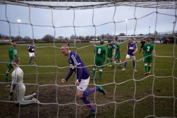 Home players celebrating their team's second goal at the Delta Taxis Stadium, Bootle, Merseyside as City of Liverpool hosted Holker Old Boys in a North West Counties League division one match. Founded in 2015, and aiming to be the premier non-League club in Liverpool, City were admitted to the League at the start of the 2016-17 season and were using Bootle FC's ground for home matches. A 6-1 victory over their visitors took 'the Purps' to the top of the division, in a match watched by 483 spectators.