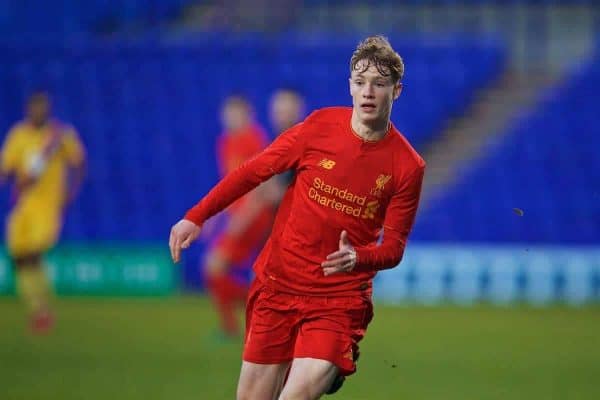 BIRKENHEAD, ENGLAND - Saturday, December 17, 2016: Liverpool's Glen McAuley in action against Crystal Palace during the FA Youth Cup 3rd Round match at Prenton Park. (Pic by David Rawcliffe/Propaganda)