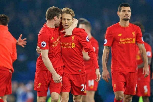 LIVERPOOL, ENGLAND - Monday, December 19, 2016: Liverpool's James Milner and Lucas Leiva celebrate after the 1-0 victory over Everton during the FA Premier League match, the 227th Merseyside Derby, at Goodison Park. (Pic by David Rawcliffe/Propaganda)