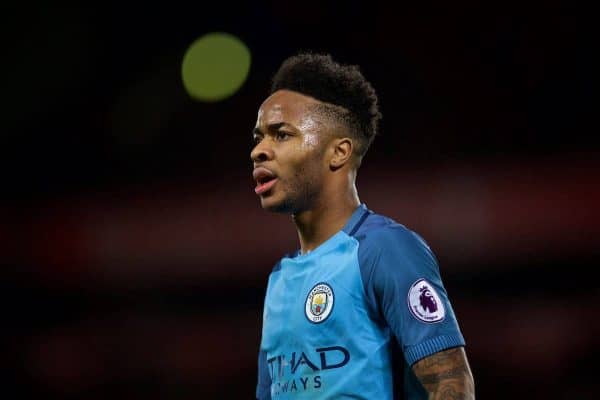 LIVERPOOL, ENGLAND - Saturday, December 31, 2016: Manchester City's Raheem Sterling argues with the assistant referee during the FA Premier League match against Liverpool at Anfield. (Pic by David Rawcliffe/Propaganda)