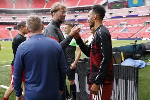 LONDON, ENGLAND - Saturday, August 29, 2020: Liverpool’s manager Jürgen Klopp (L) and Arsenal's Pierre-Emerick Aubameyang meet ahead of the FA Community Shield match between FA Premier League Champions Liverpool FC and FA Cup Winners Arsenal FC. The game was played behind closed doors. (Credit: Eddie Keogh/The FA)