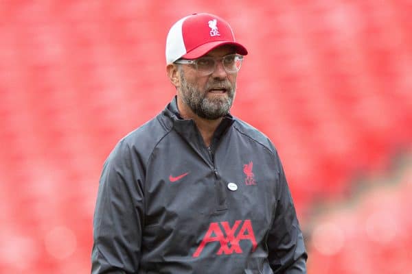 LONDON, ENGLAND - Saturday, August 29, 2020: Liverpool’s manager Jürgen Klopp during the pre-match warm-up before the FA Community Shield match between FA Premier League Champions Liverpool FC and FA Cup Winners Arsenal FC. The game was played behind closed doors. (Credit: Chloe Knott/The FA)