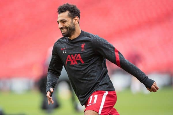 LONDON, ENGLAND - Saturday, August 29, 2020: Liverpool’s Mohamed Salah during the pre-match warm-up before the FA Community Shield match between FA Premier League Champions Liverpool FC and FA Cup Winners Arsenal FC. The game was played behind closed doors. (Credit: Chloe Knott/The FA)