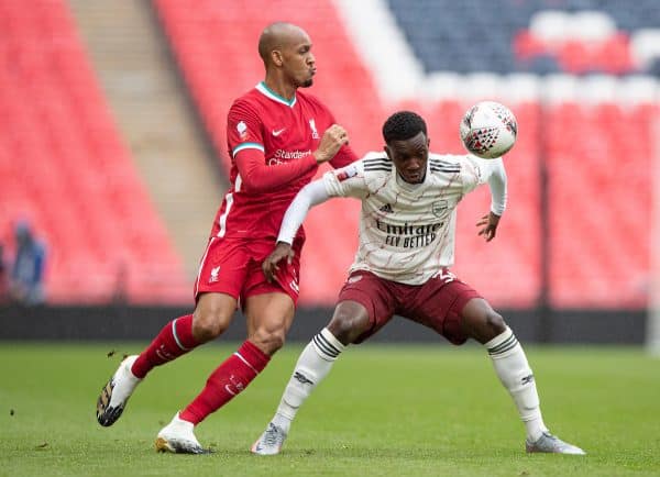 LONDON, ENGLAND - Saturday, August 29, 2020: Liverpool’s Fabio Henrique Tavares 'Fabinho' (L) and Arsenal's Eddie Nketiah during the FA Community Shield match between FA Premier League Champions Liverpool FC and FA Cup Winners Arsenal FC. The game was played behind closed doors. (Credit: Chloe Knott/The FA)