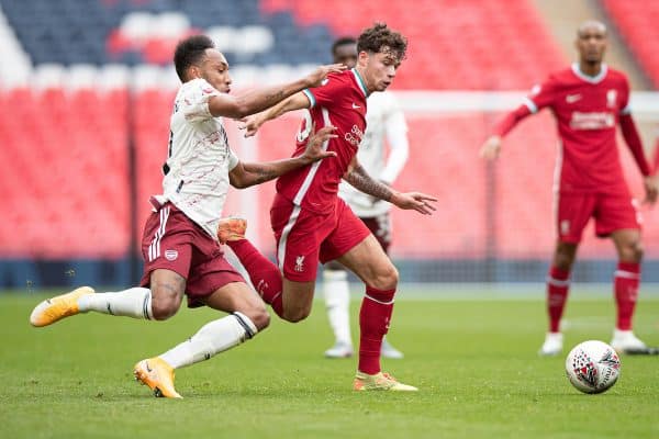 LONDON, ENGLAND - Saturday, August 29, 2020: Liverpool’s Neco Williams (R) is tackled by Arsenal’s Pierre-Emerick Aubameyang during the FA Community Shield match between FA Premier League Champions Liverpool FC and FA Cup Winners Arsenal FC. The game was played behind closed doors. (Credit: Eddie Keogh/The FA)