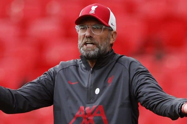 LONDON, ENGLAND - Saturday, August 29, 2020: Liverpool’s manager Jürgen Klopp reacts during the FA Community Shield match between FA Premier League Champions Liverpool FC and FA Cup Winners Arsenal FC. The game was played behind closed doors. (Credit: Eddie Keogh/The FA)