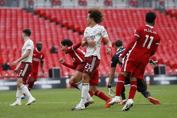 LONDON, ENGLAND - Saturday, August 29, 2020: Liverpool’s Takumi Minamino celebrates after scoring an equalising goal to level the score at 1-1, his first goal for the club, during the FA Community Shield match between FA Premier League Champions Liverpool FC and FA Cup Winners Arsenal FC. The game was played behind closed doors. (Credit: Eddie Keogh/The FA)