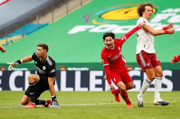 LONDON, ENGLAND - Saturday, August 29, 2020: Liverpool’s Takumi Minamino celebrates after scoring an equalising goal to level the score at 1-1, his first goal for the club, during the FA Community Shield match between FA Premier League Champions Liverpool FC and FA Cup Winners Arsenal FC. The game was played behind closed doors. (Credit: Lynne Cameron/The FA)