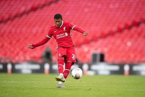 LONDON, ENGLAND - Saturday, August 29, 2020: Liverpool’s Rhian Brewster misses his side’s third penalty of the shoot-out against Arsenal after a 1-1 draw during the FA Community Shield match between FA Premier League Champions Liverpool FC and FA Cup Winners Arsenal FC. The game was played behind closed doors. Arsenal won 5-4 on penalties. (Credit: Chloe Knott/The FA)