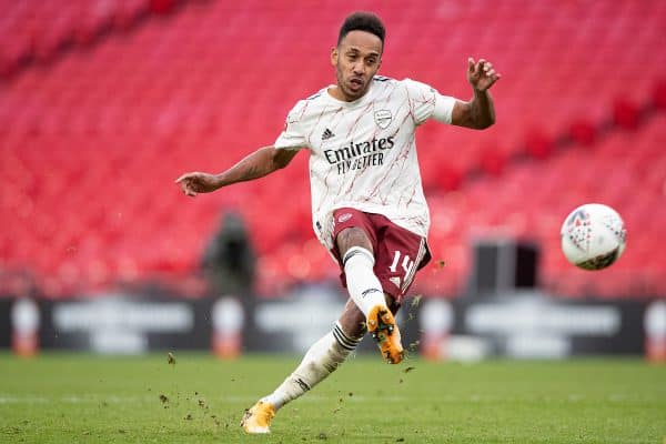 LONDON, ENGLAND - Saturday, August 29, 2020: Arsenal’s Pierre-Emerick Aubameyang scores his side’s fifth and winning penalty of the shoot-out against Liverpool after a 1-1 draw during the FA Community Shield match between FA Premier League Champions Liverpool FC and FA Cup Winners Arsenal FC. The game was played behind closed doors. Arsenal won 5-4 on penalties. (Credit: Chloe Knott/The FA)