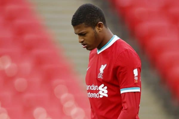 LONDON, ENGLAND - Saturday, August 29, 2020: Liverpool’s Rhian Brewster looks dejected after missing his penalty during the shoot-out against Arsenal following a 1-1 draw during the FA Community Shield match between FA Premier League Champions Liverpool FC and FA Cup Winners Arsenal FC. The game was played behind closed doors. Arsenal won 5-4 on penalties. (Credit: Eddie Keogh/The FA)