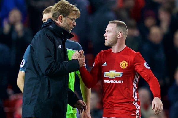 MANCHESTER, ENGLAND - Sunday, January 15, 2017: Liverpool's manager Jürgen Klopp' shakes hands with Manchester United's captain Wayne Rooney after the FA Premier League match at Old Trafford. (Pic by David Rawcliffe/Propaganda)