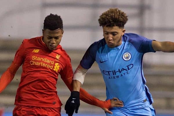 MANCHESTER, ENGLAND - Wednesday, January 18, 2017: Liverpool's Rhian Brewster in action against Manchester City's Jadon Sancho during the FA Youth Cup 4th Round match at the Academy Stadium. (Pic by Gavin Trafford/Propaganda)