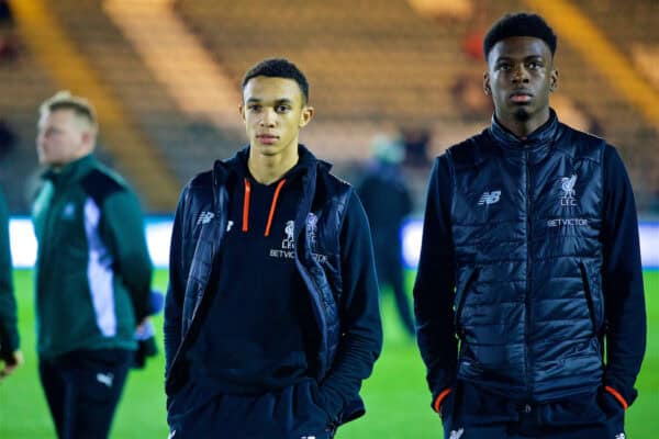PLYMOUTH, ENGLAND - Wednesday, January 18, 2017: Liverpool's Trent Alexander-Arnold and Oviemuno Ovie Ejaria inspect the pitch before the FA Cup 3rd Round Replay match against Plymouth Argyle at Home Park. (Pic by David Rawcliffe/Propaganda)