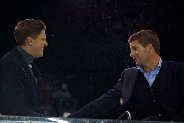 PLYMOUTH, ENGLAND - Wednesday, January 18, 2017: Former Liverpool players Steven Gerrard and Jake Humphrey working for BT Sport during the FA Cup 3rd Round Replay match against Plymouth Argyle at Home Park. (Pic by David Rawcliffe/Propaganda)