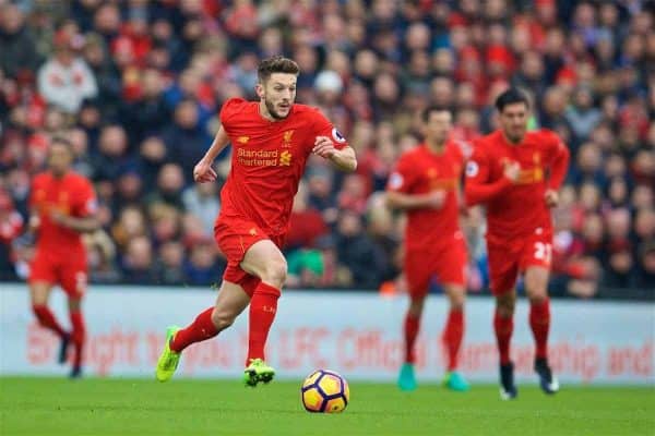 LIVERPOOL, ENGLAND - Saturday, January 21, 2017: Liverpool's Adam Lallana in action against Swansea City during the FA Premier League match at Anfield. (Pic by David Rawcliffe/Propaganda)