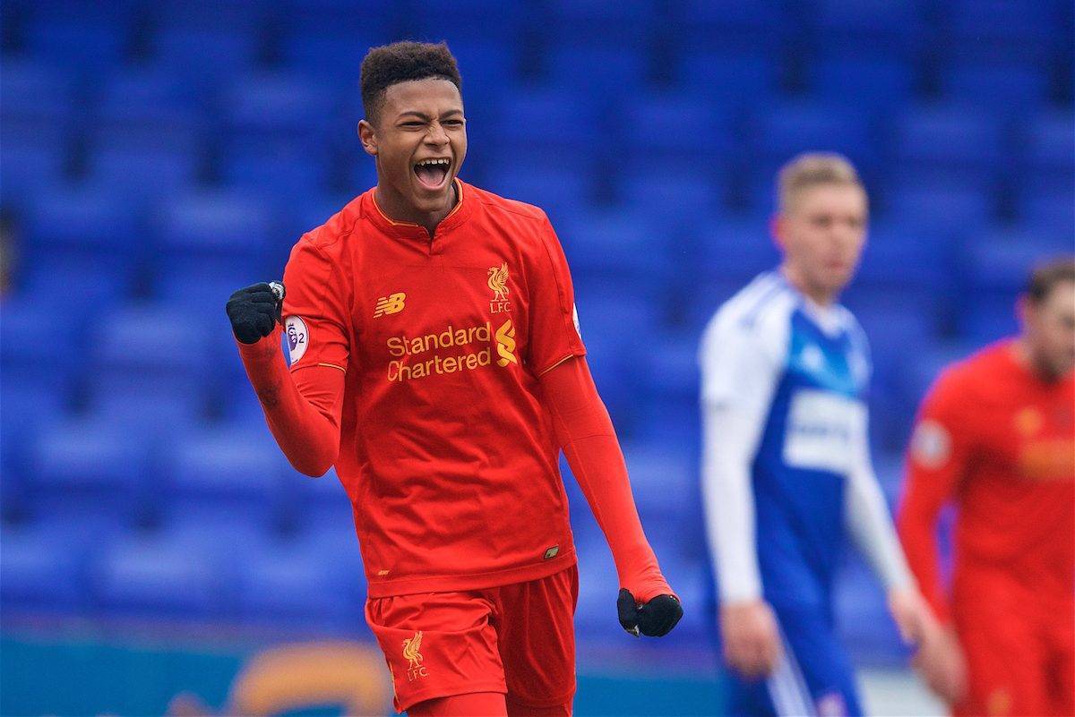 BIRKENHEAD, ENGLAND - Sunday, January 22, 2017: Liverpool's Rhian Brewster celebrates scoring the second goal against Ipswich Town during the FA Premier League Cup match at Prenton Park. (Pic by David Rawcliffe/Propaganda)