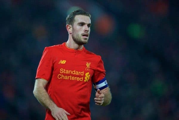 LIVERPOOL, ENGLAND - Wednesday, January 25, 2017: Liverpool's captain Jordan Henderson in action against Southampton during the Football League Cup Semi-Final 2nd Leg match at Anfield. (Pic by David Rawcliffe/Propaganda)