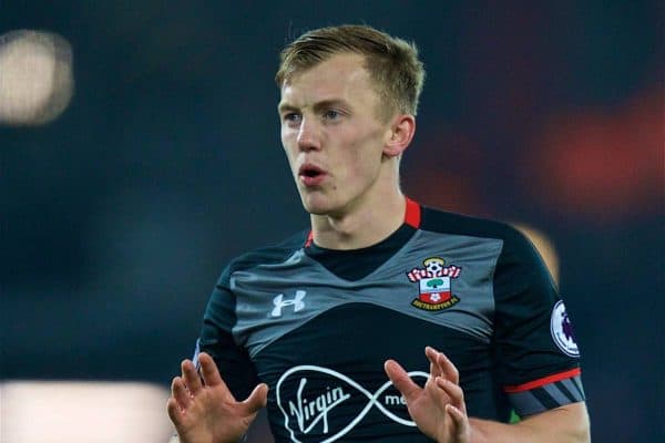 LIVERPOOL, ENGLAND - Wednesday, January 25, 2017: Southampton's James Ward-Prowse in action against Liverpool during the Football League Cup Semi-Final 2nd Leg match at Anfield. (Pic by David Rawcliffe/Propaganda)