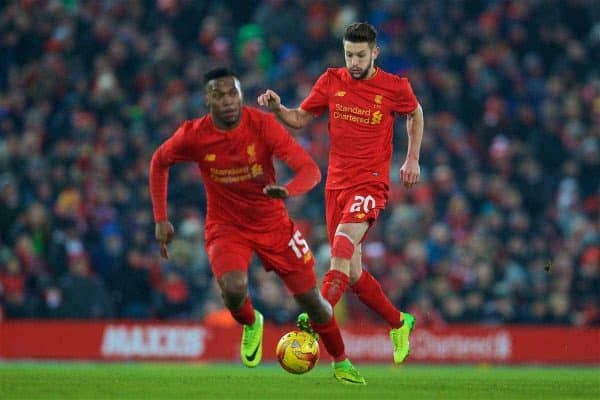 LIVERPOOL, ENGLAND - Wednesday, January 25, 2017: Liverpool's Adam Lallana and Daniel Sturridge in action against Southampton during the Football League Cup Semi-Final 2nd Leg match at Anfield. (Pic by David Rawcliffe/Propaganda)