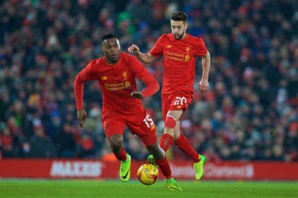 LIVERPOOL, ENGLAND - Wednesday, January 25, 2017: Liverpool's Adam Lallana and Daniel Sturridge in action against Southampton during the Football League Cup Semi-Final 2nd Leg match at Anfield. (Pic by David Rawcliffe/Propaganda)