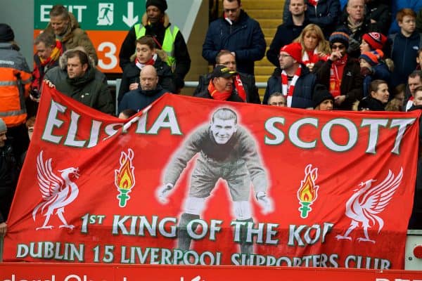 LIVERPOOL, ENGLAND - Saturday, January 28, 2017: Liverpool supporters' banner "Elisha Scott 1st King of the Kop" before the FA Cup 4th Round match against Wolverhampton Wanderers at Anfield. (Pic by David Rawcliffe/Propaganda)