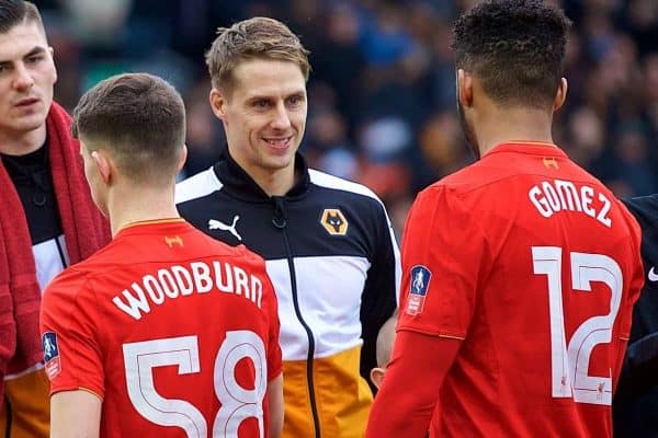 LIVERPOOL, ENGLAND - Saturday, January 28, 2017: Wolverhampton Wanderers' David Edwards shakes hands with Wales compatriot Liverpool's Ben Woodburn before the FA Cup 4th Round match at Anfield. (Pic by David Rawcliffe/Propaganda)