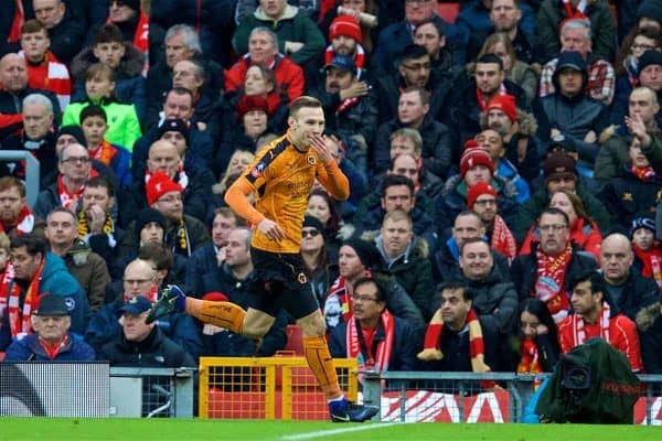 LIVERPOOL, ENGLAND - Saturday, January 28, 2017: Wolverhampton Wanderers' Andreas Weimann celebrates scoring the second goal against Liverpool during the FA Cup 4th Round match at Anfield. (Pic by David Rawcliffe/Propaganda)