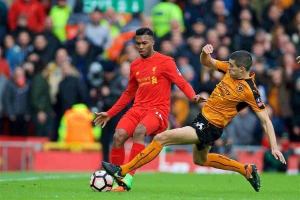 LIVERPOOL, ENGLAND - Saturday, January 28, 2017: Liverpool's Daniel Sturridge in action against Wolverhampton Wanderers' Conor Coady during the FA Cup 4th Round match at Anfield. (Pic by David Rawcliffe/Propaganda)