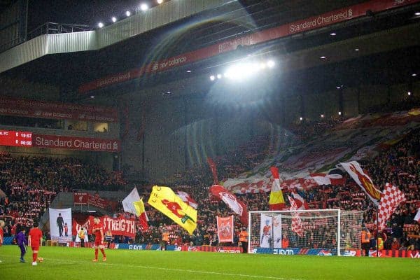 LIVERPOOL, ENGLAND - Tuesday, January 31, 2017: Liverpool supporters on the Spion Kop before the FA Premier League match against Chelsea at Anfield. (Pic by David Rawcliffe/Propaganda)