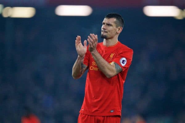 LIVERPOOL, ENGLAND - Tuesday, January 31, 2017: Liverpool's Dejan Lovren applauds the supporters after a 1-1 draw with Chelsea during the FA Premier League match at Anfield. (Pic by David Rawcliffe/Propaganda)