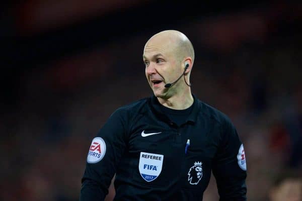 LIVERPOOL, ENGLAND - Saturday, February 11, 2017: Referee Anthony Taylor during the FA Premier League match between Liverpool and Tottenham Hotspur at Anfield. (Pic by David Rawcliffe/Propaganda)