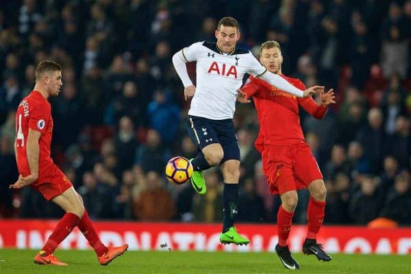 LIVERPOOL, ENGLAND - Saturday, February 11, 2017: Liverpool's Ragnar Klavan in action against Tottenham Hotspur's Vincent Janssen during the FA Premier League match at Anfield. (Pic by David Rawcliffe/Propaganda)