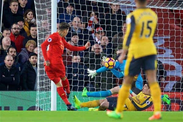 LIVERPOOL, ENGLAND - Saturday, March 4, 2017: Liverpool's Roberto Firmino scores the first goal against Arsenal during the FA Premier League match at Anfield. (Pic by David Rawcliffe/Propaganda)