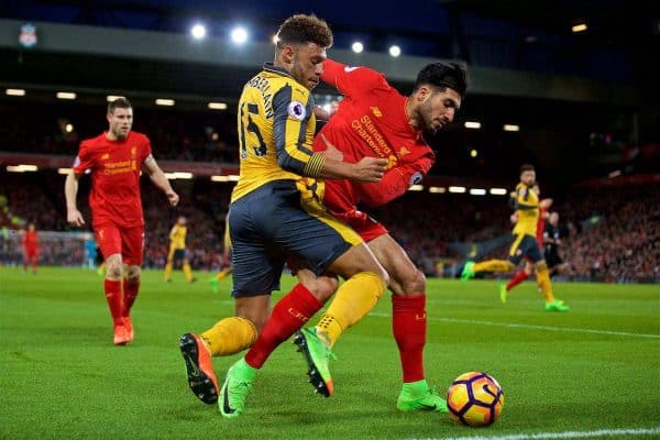 LIVERPOOL, ENGLAND - Saturday, March 4, 2017: Liverpool's Emre Can in action against Arsenal's Alex Oxlade-Chamberlain during the FA Premier League match at Anfield. (Pic by David Rawcliffe/Propaganda)