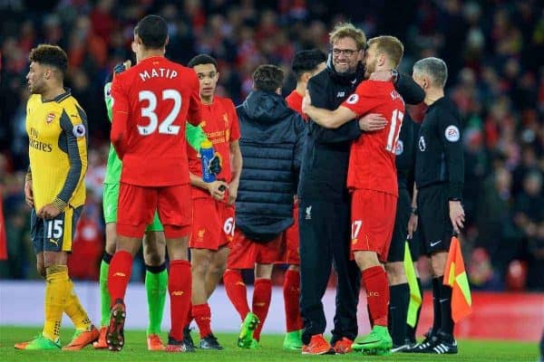 LIVERPOOL, ENGLAND - Saturday, March 4, 2017: Liverpool's manager Jürgen Klopp celebrates the 3-1 victory with Ragnar Klavan after the FA Premier League match against Arsenal at Anfield. (Pic by David Rawcliffe/Propaganda)