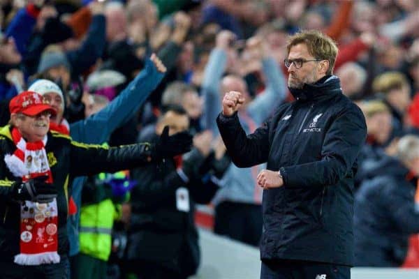 LIVERPOOL, ENGLAND - Saturday, March 4, 2017: Liverpool's manager Jürgen Klopp celebrates as his side score the third goal in a 3-1 victory over Arsenal during the FA Premier League match at Anfield. (Pic by David Rawcliffe/Propaganda)