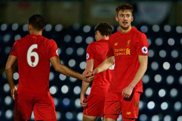 HIGH WYCOMBE, ENGLAND - Monday, March 6, 2017: Liverpool's Nathaniel Phillips celebrates scoring the fifth goal against Reading during FA Premier League 2 Division 1 Under-23 match at Adams Park Stadium. (Pic by David Rawcliffe/Propaganda)