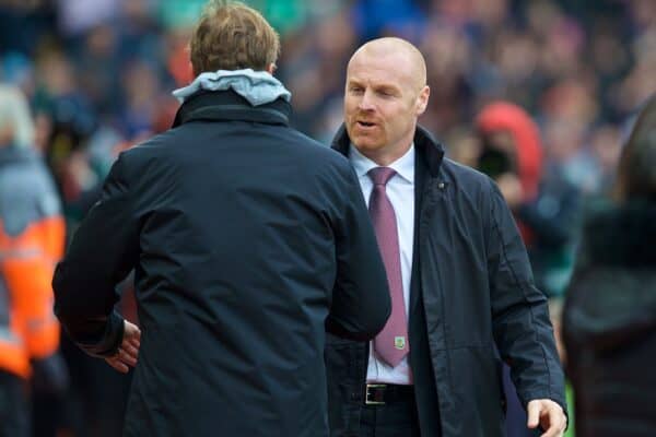 LIVERPOOL, ENGLAND - Sunday, March 12, 2017: Liverpool's manager Jürgen Klopp shakes hands with Burnley's manager Sean Dyche before the FA Premier League match at Anfield. (Pic by David Rawcliffe/Propaganda)