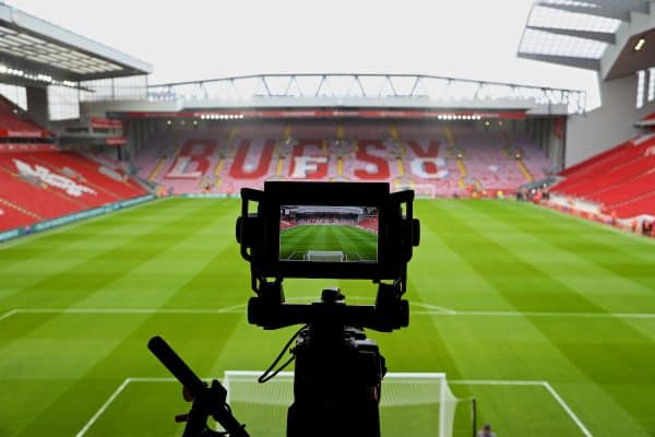 LIVERPOOL, ENGLAND - Saturday, April 1, 2017: Liverpool supporters' mosaic tribute to Ronnie Moran "Bugsy" on the Spion Kop shown on a television monitor before the FA Premier League match, the 228th Merseyside Derby, against Everton at Anfield. (Pic by David Rawcliffe/Propaganda)
