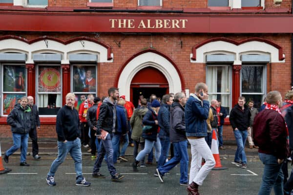 LIVERPOOL, ENGLAND - Saturday, April 1, 2017: Liverpool supporters outside the Albert Pub before the FA Premier League match, the 228th Merseyside Derby, against Everton at Anfield. (Pic by David Rawcliffe/Propaganda)