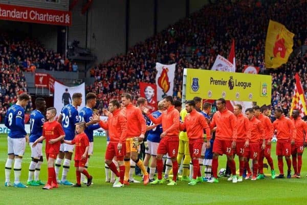 LIVERPOOL, ENGLAND - Saturday, April 1, 2017: Liverpool and Everton players shake hands before the FA Premier League match, the 228th Merseyside Derby, at Anfield. (Pic by David Rawcliffe/Propaganda)