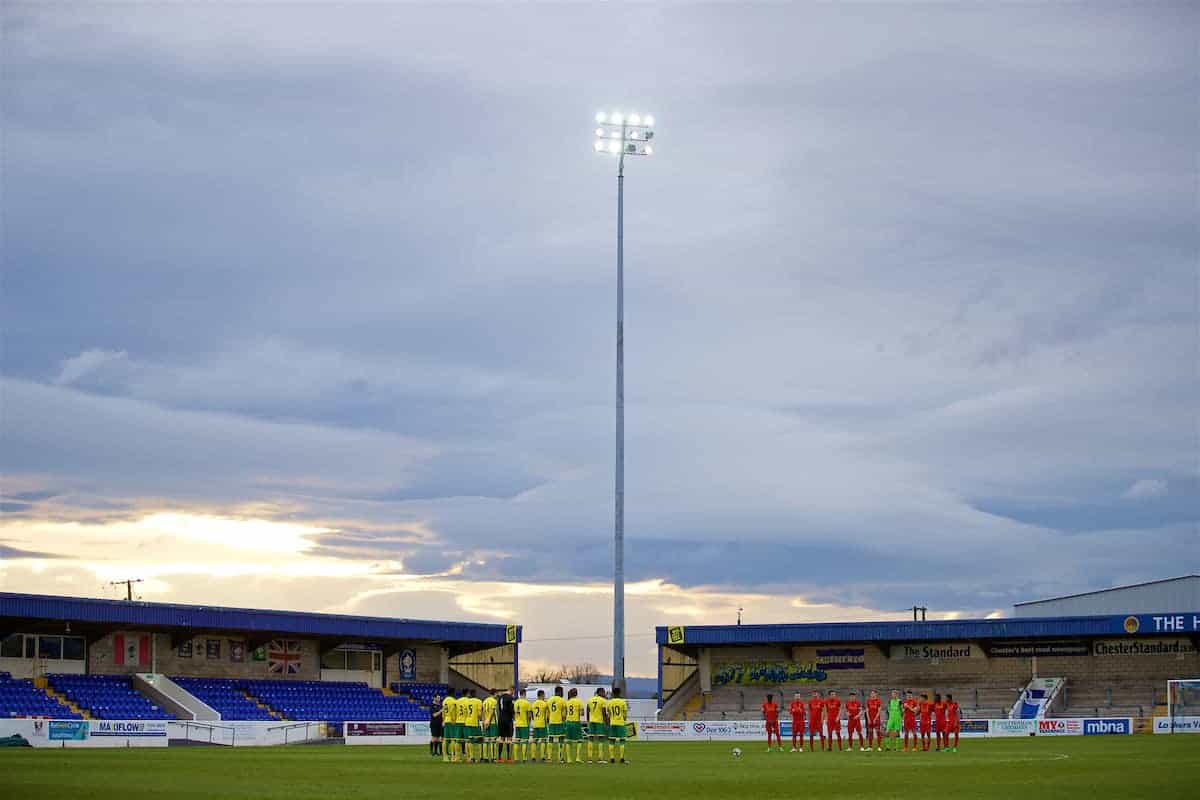 CHESTER, ENGLAND - Monday, April 3, 2017: Liverpool and Norwich City players stand for a minute's applause to remember former Liverpool player and coach Ronnie Moran before the Under-23 Premier League Cup Quarter-Final match at the Deva Stadium. (Pic by David Rawcliffe/Propaganda)
